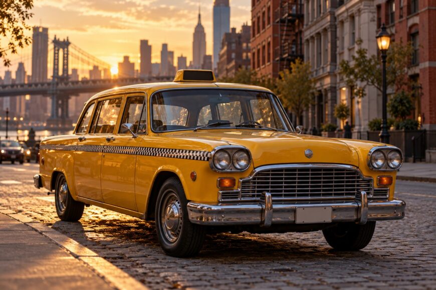 A classic yellow Checker Marathon taxi parked on a New York cobblestone street at sunset with city skyscrapers in the background