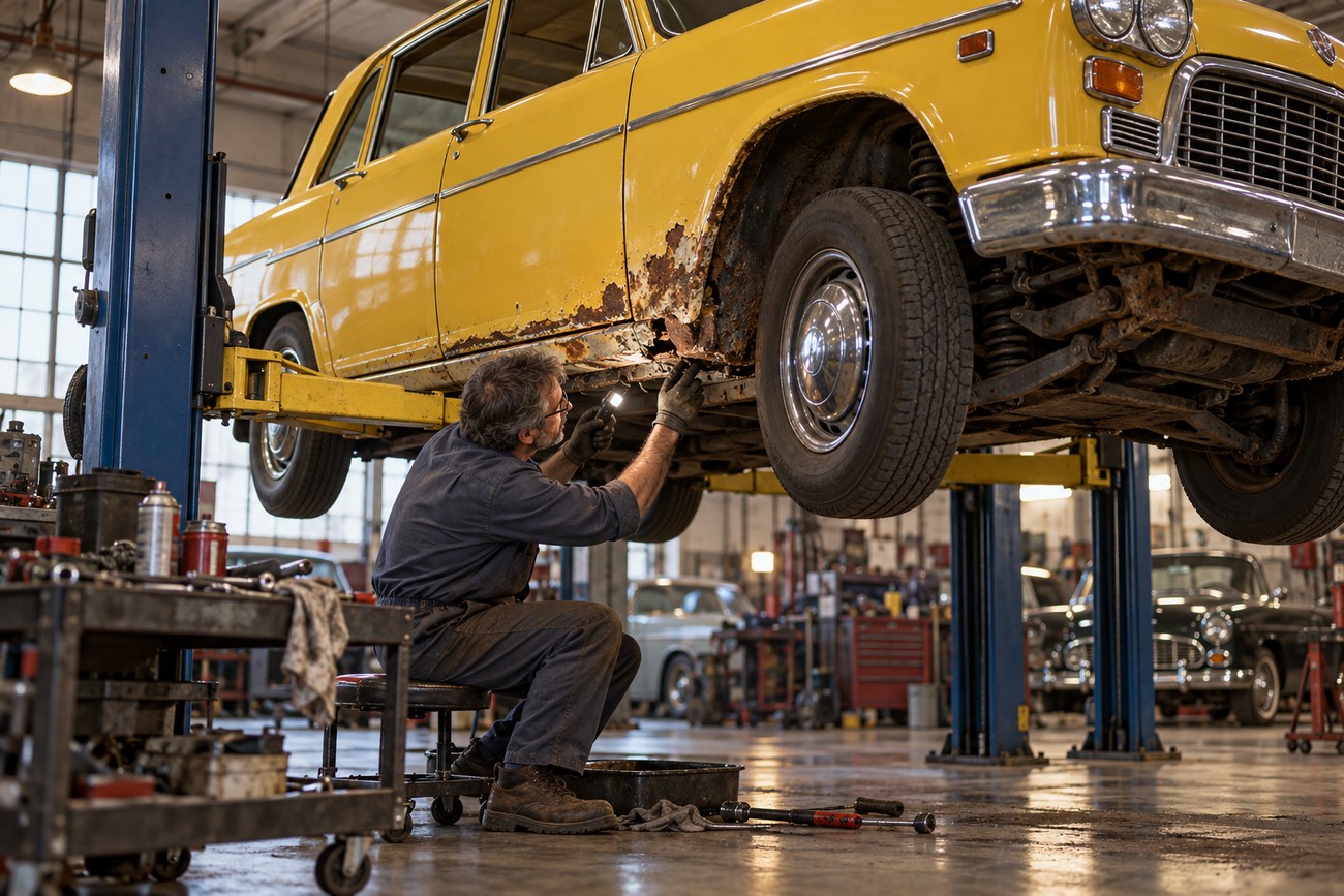 A mechanic inspects the rusty undercarriage of a classic yellow Checker Marathon taxi lifted in a repair shop
