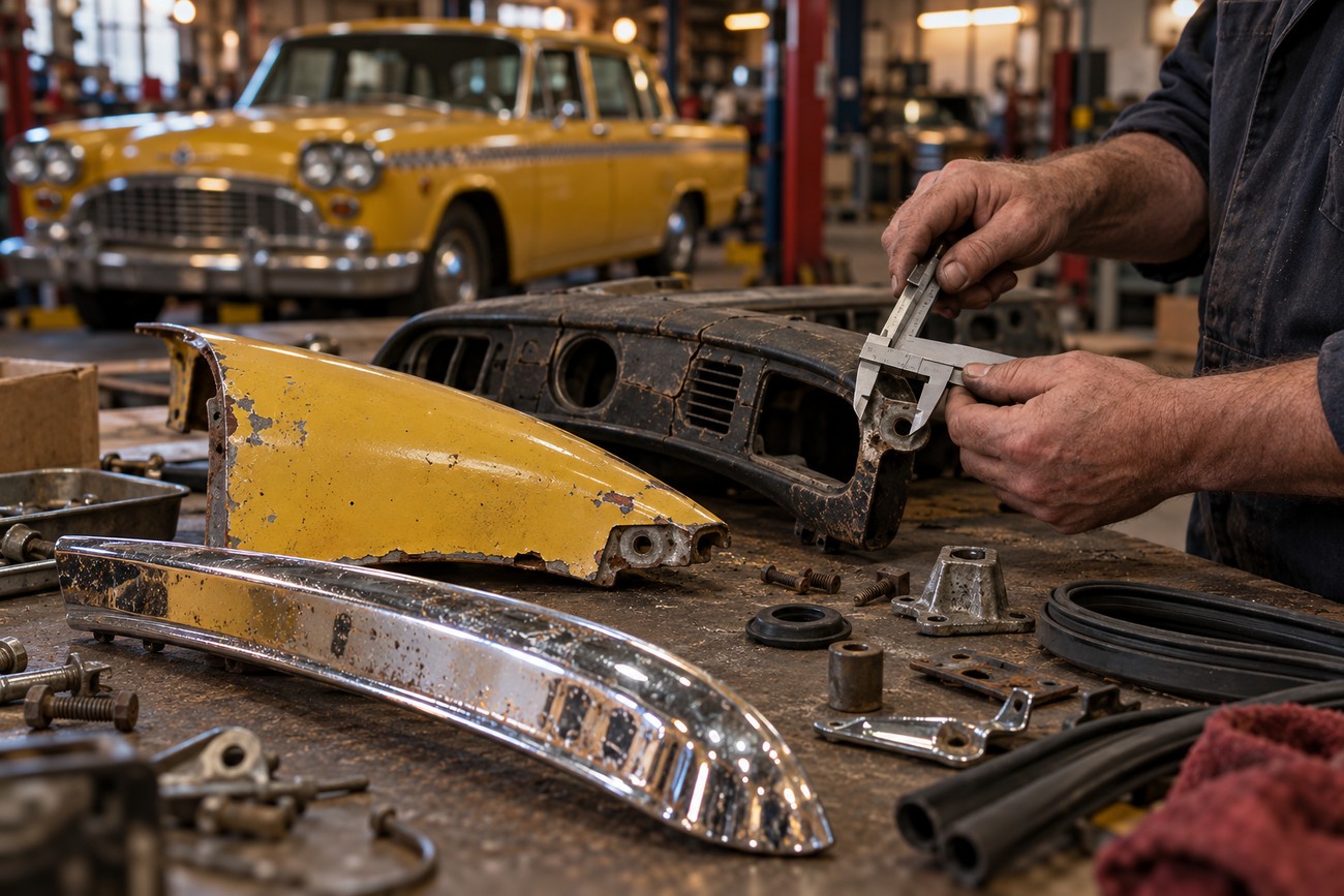 Mechanic measuring vintage metal car parts with a caliper on a workbench in a restoration workshop