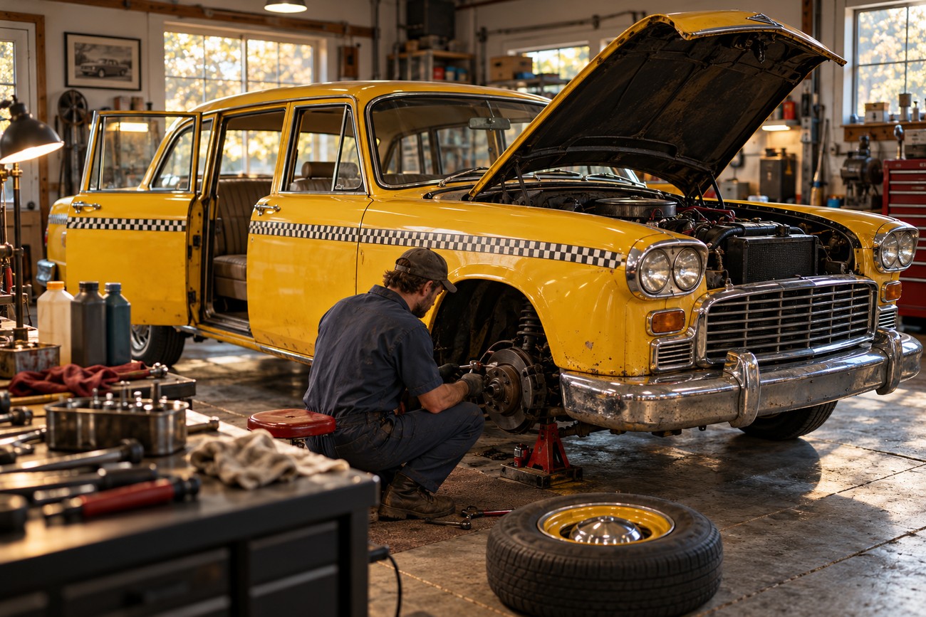 A mechanic repairing the front brake of a classic yellow Checker Marathon taxi with its hood open in a vintage garage