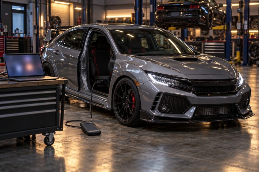 A gray sports car parked in a professional tuning garage with an ECU programming device connected inside