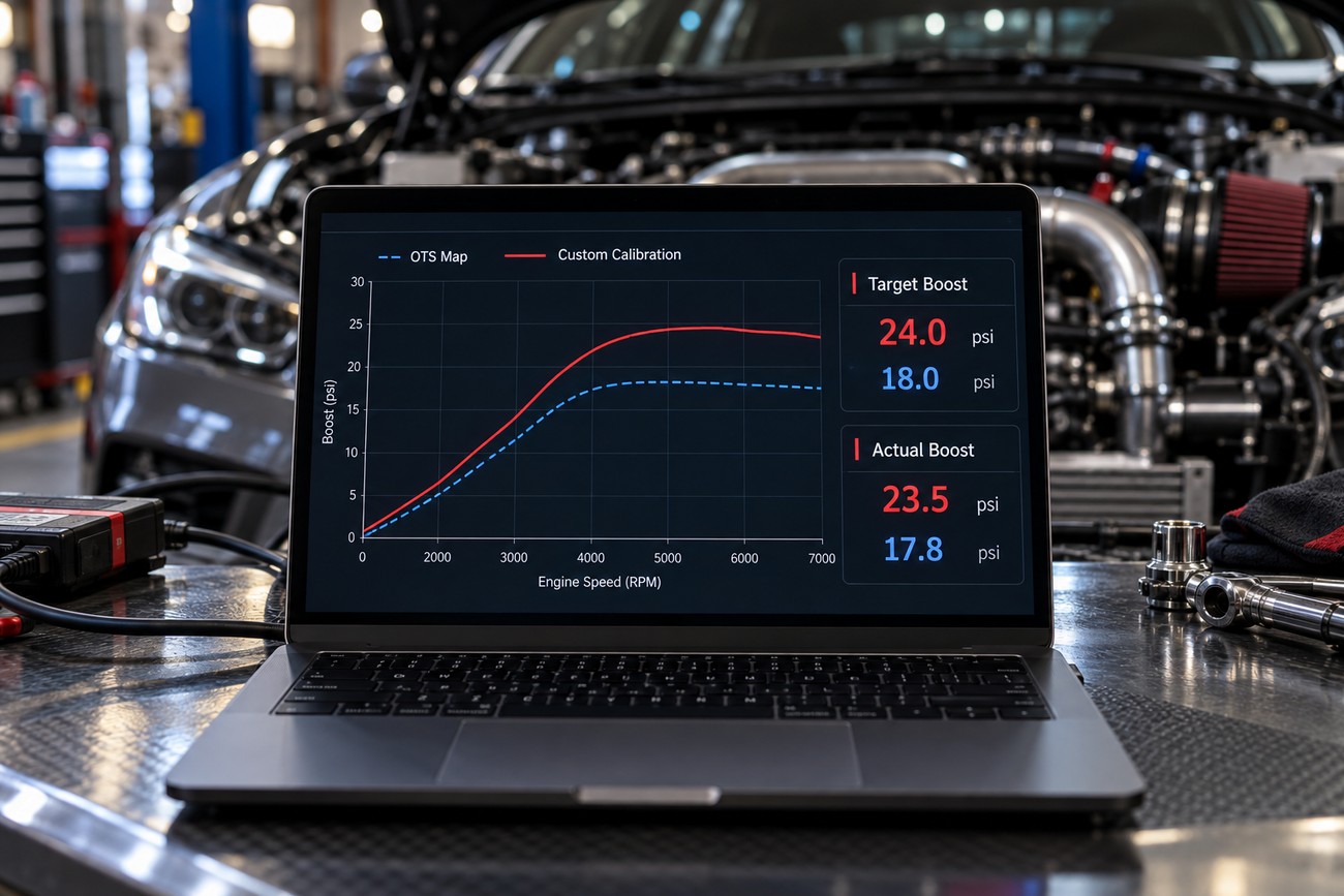A laptop displaying custom calibration and OTS map boost graphs on a metal workbench in an auto repair shop