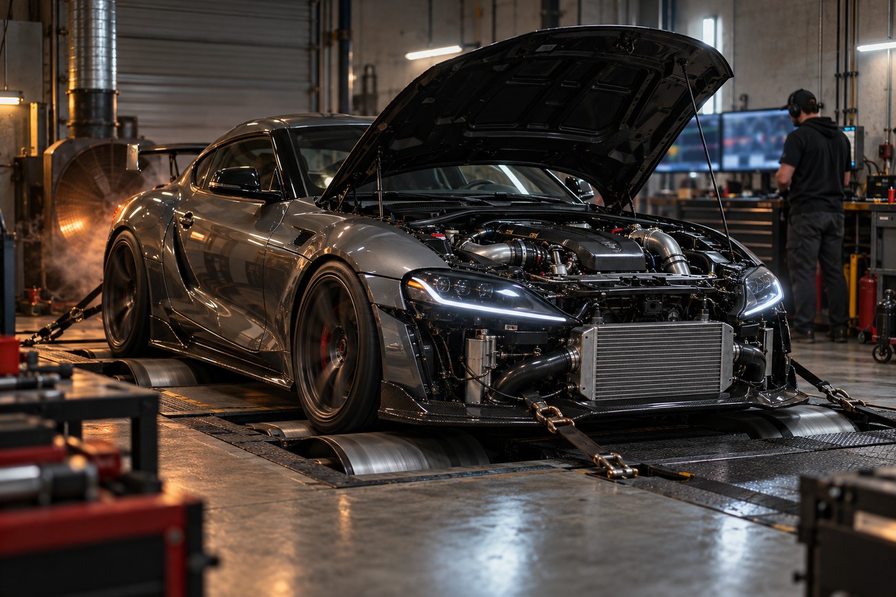 A tuned sports car strapped to a dyno roller in a professional tuning shop with the hood open