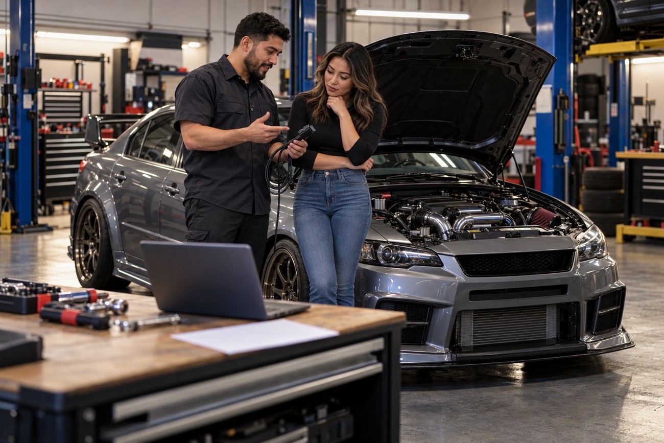 Mechanic showing an ECU programming cable to a customer standing next to a tuned sports car in a garage