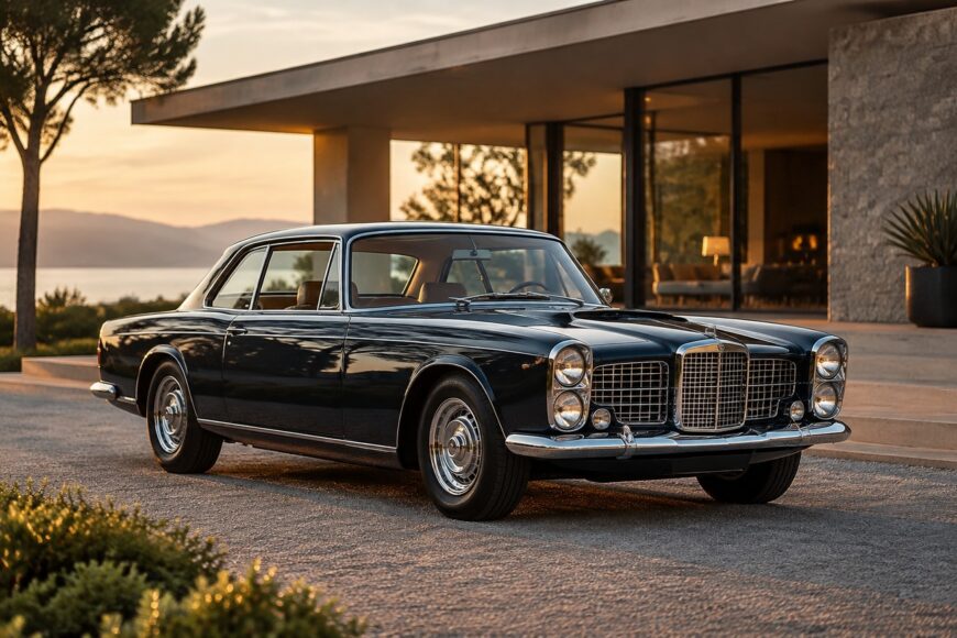 Classic dark blue Facel Vega Facel II grand tourer parked on a paved driveway in front of a modern villa at sunset