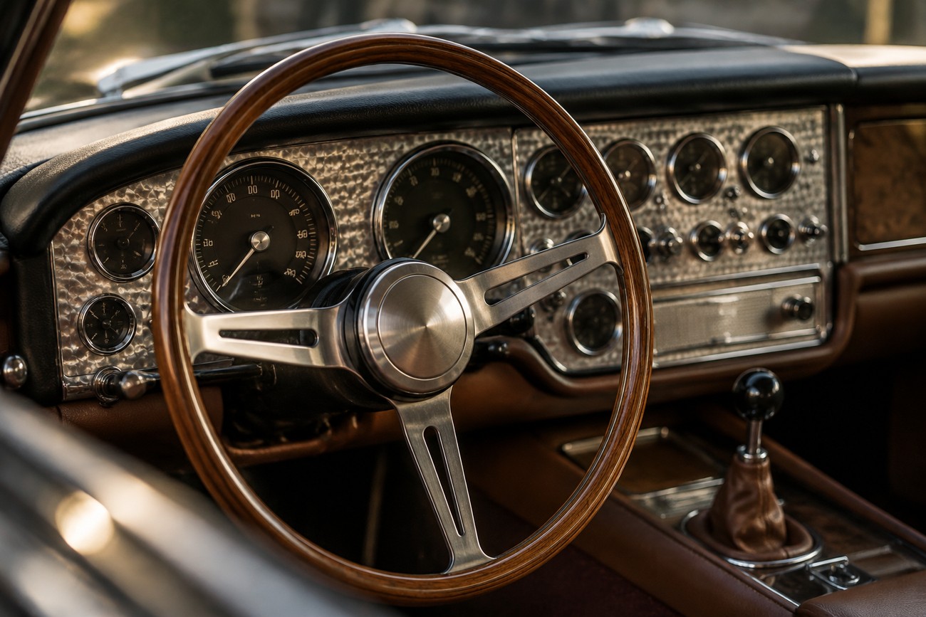 Classic wooden steering wheel and engine-turned aluminum dashboard with analog gauges inside a vintage Facel Vega Facel II