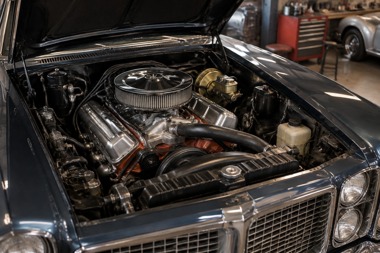 Open hood revealing the powerful Chrysler V8 engine inside the engine bay of a classic Facel Vega Facel II