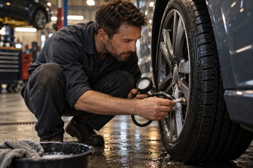 Mechanic kneeling by a car wheel in a garage and checking pressure with soapy water