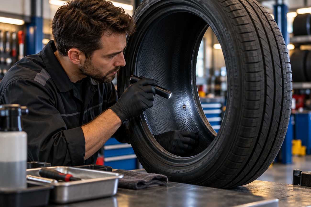 A male mechanic wearing gloves shines a flashlight inside a car tire to find a puncture in an auto repair shop