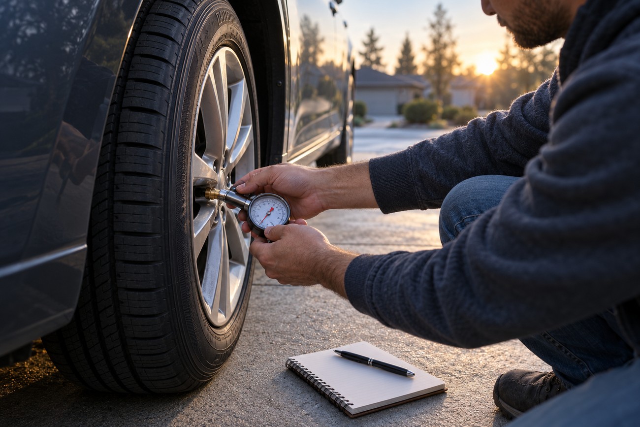 Man squatting by a car tire checking air pressure with a gauge near a notepad on the ground