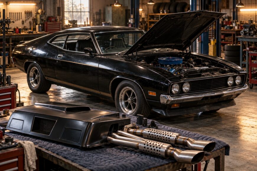 A black Ford Falcon XB GT coupe parked inside a mechanic garage with its hood open next to a workbench displaying a supercharger blower and exhaust pipes