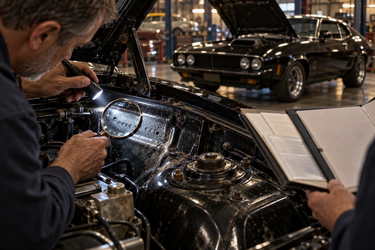 Mechanic inspecting the engine bay and numbers of a classic black Ford Falcon XB GT with a flashlight and magnifying glass