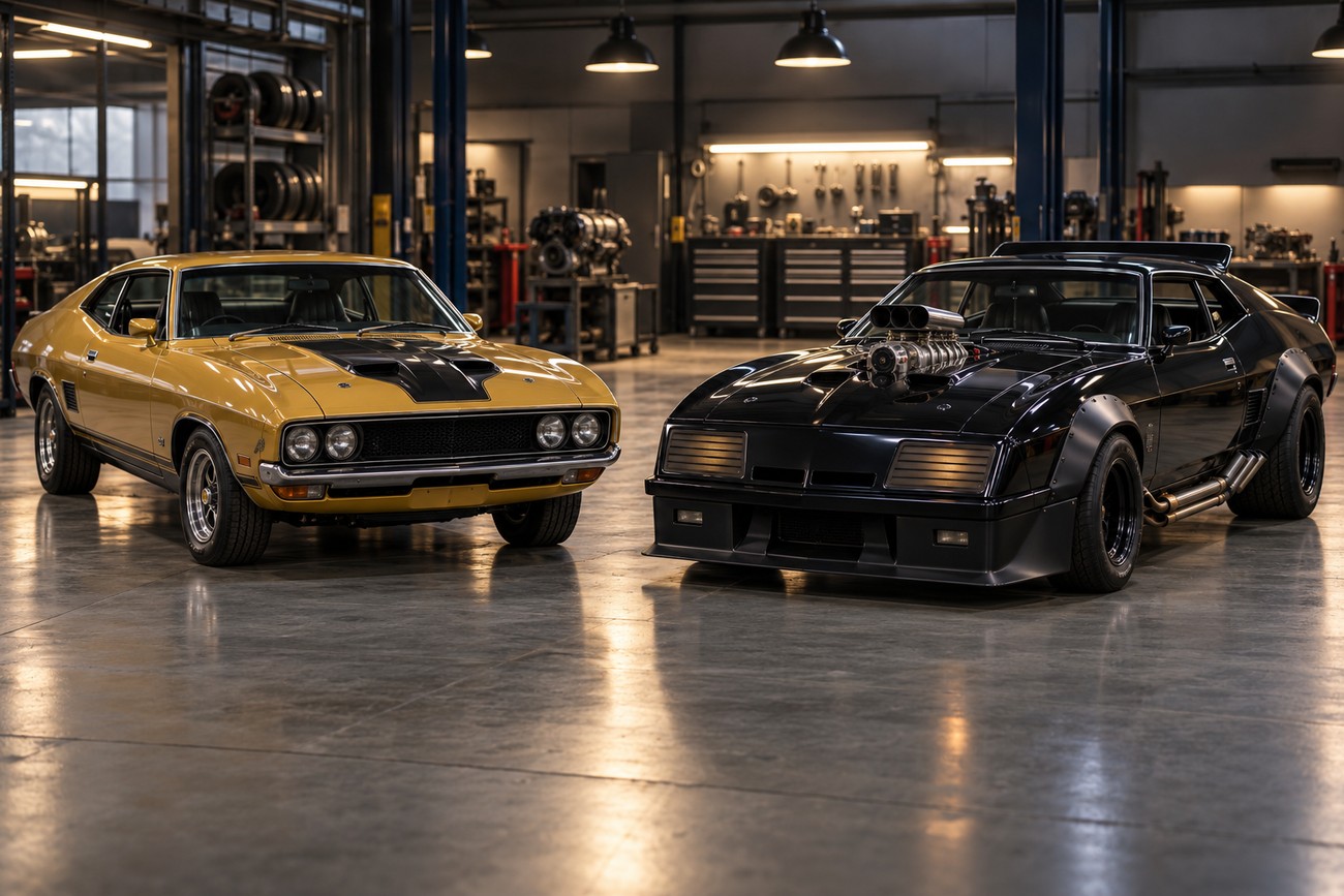 A gold Ford Falcon XB GT coupe and a black Mad Max Interceptor parked side by side inside a professional auto repair garage