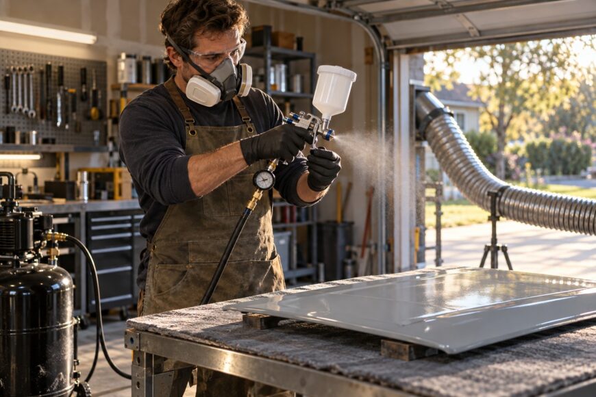 A beginner painter wearing a respirator and safety glasses tests an HVLP spray gun on a panel in a garage