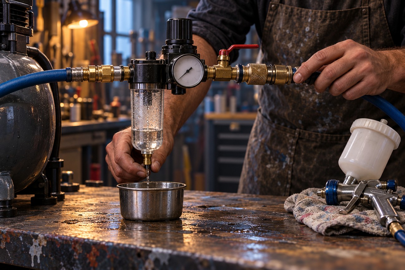 A painter in a workshop drains water from an air filter and pressure regulator connected to an HVLP spray gun setup