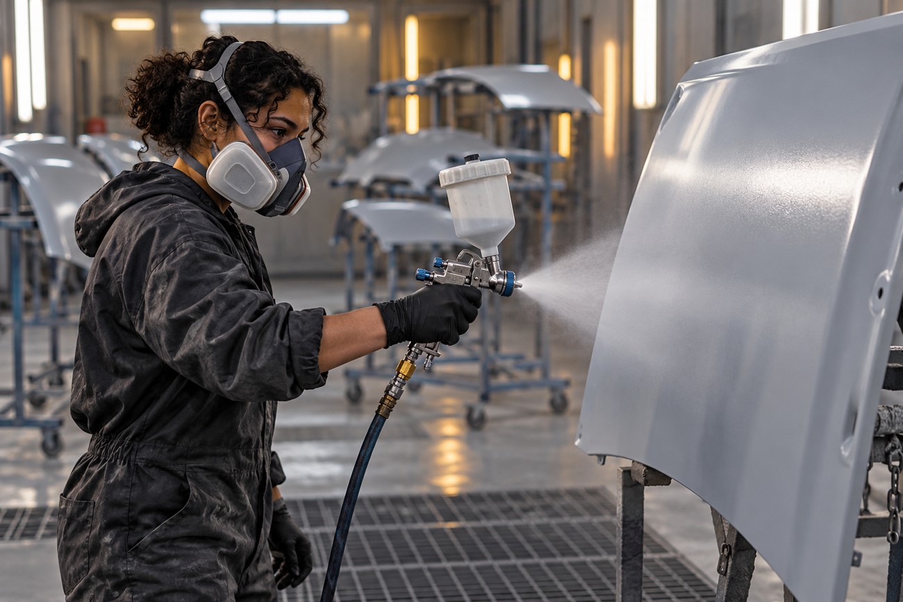 A woman wearing a respirator mask and protective coveralls uses an HVLP spray gun to paint a car part in a booth