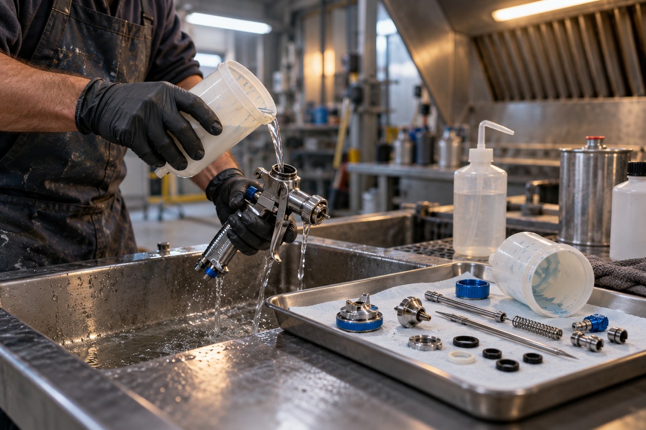 A painter in an apron and black gloves washes an HVLP spray gun over a metal sink next to disassembled nozzle components on a tray