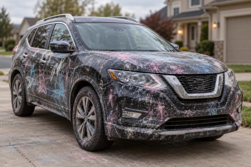 A black Nissan Rogue SUV parked in a residential driveway with its body covered in colorful sidewalk chalk