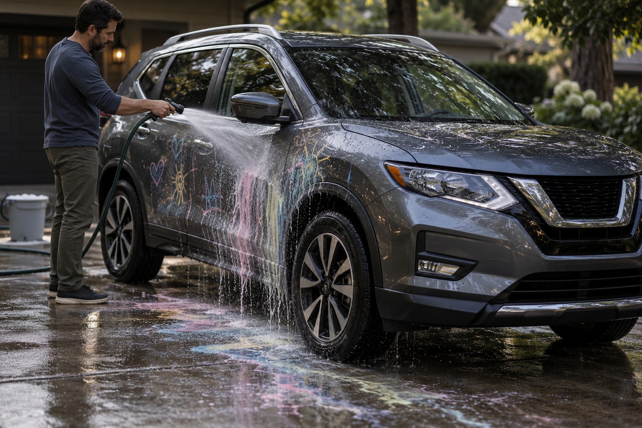 Man using a garden hose to rinse sidewalk chalk art off a gray Nissan Rogue