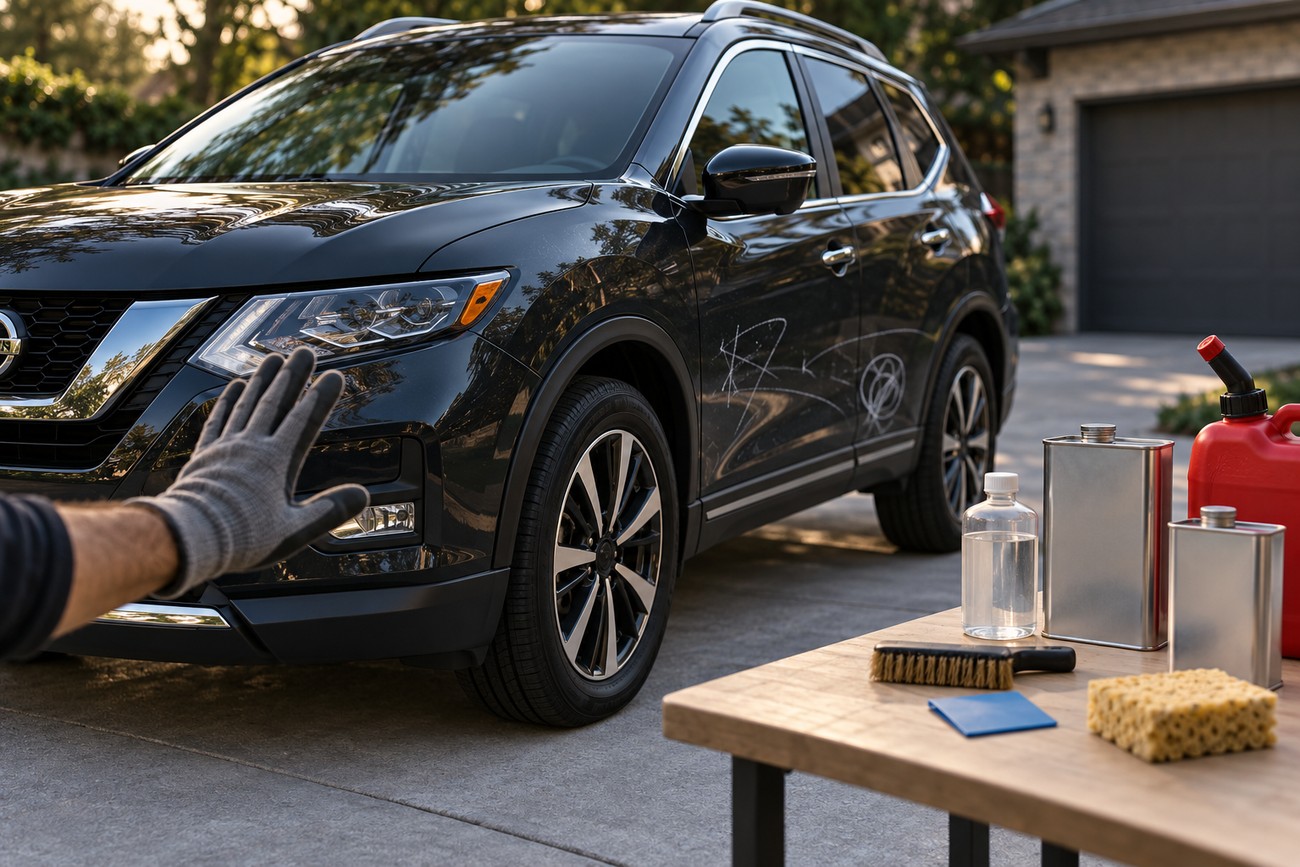 A gloved hand gestures toward a black Nissan Rogue parked in a driveway with sidewalk chalk drawings on the side and cleaning supplies on a nearby table