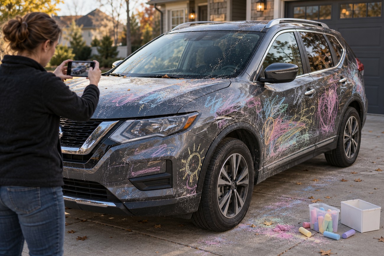 Woman taking a photo with her smartphone of a Nissan Rogue covered in colorful sidewalk chalk drawings