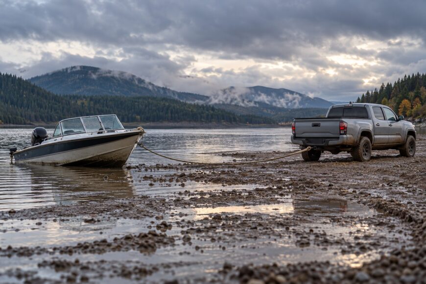 A silver Toyota Tacoma truck parked on a rocky lake shore pulling a stuck motorboat with a tow rope