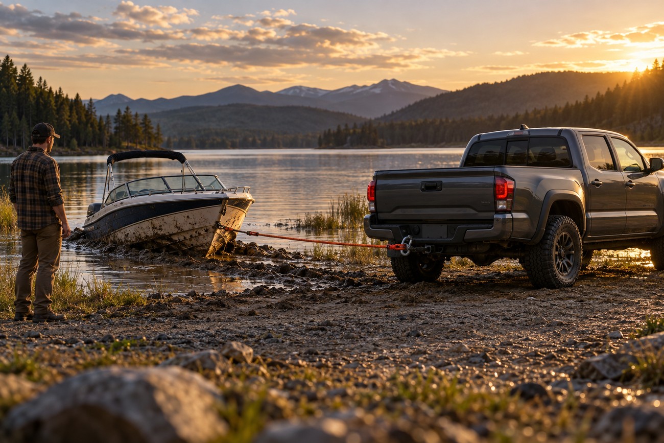 A gray Toyota Tacoma pickup truck pulling a stuck motorboat out of a lake shore with a tow strap at sunset