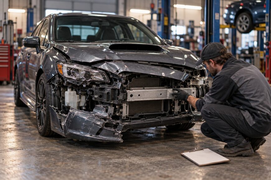 A mechanic in uniform inspecting the front end damage of a salvage title Subaru WRX in a garage