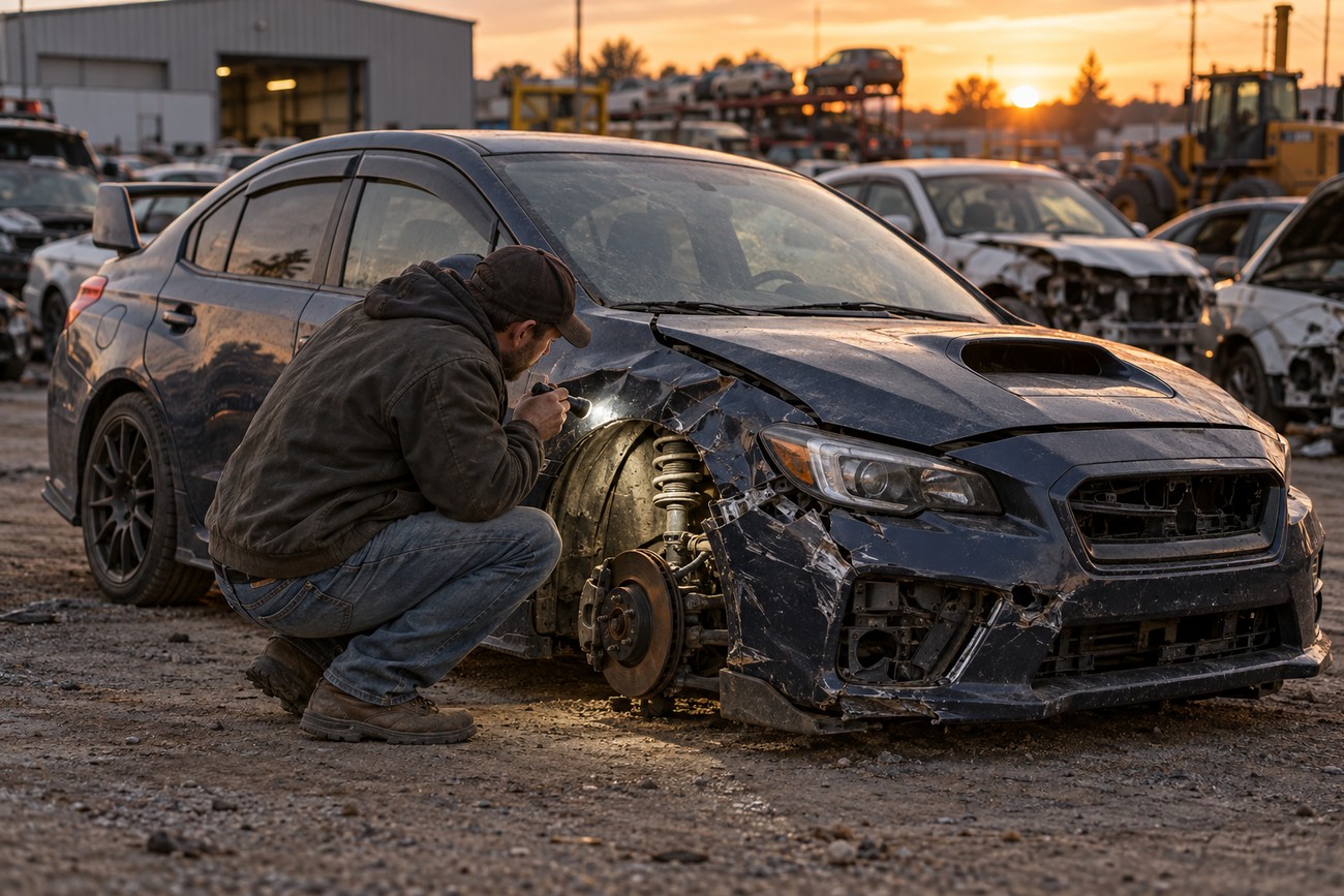Mechanic crouching and examining front suspension damage on a wrecked dark Subaru WRX using a flashlight at a salvage yard