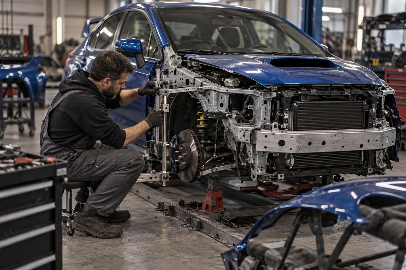Mechanic using a measurement gauge on the front frame of a disassembled blue Subaru WRX in a garage