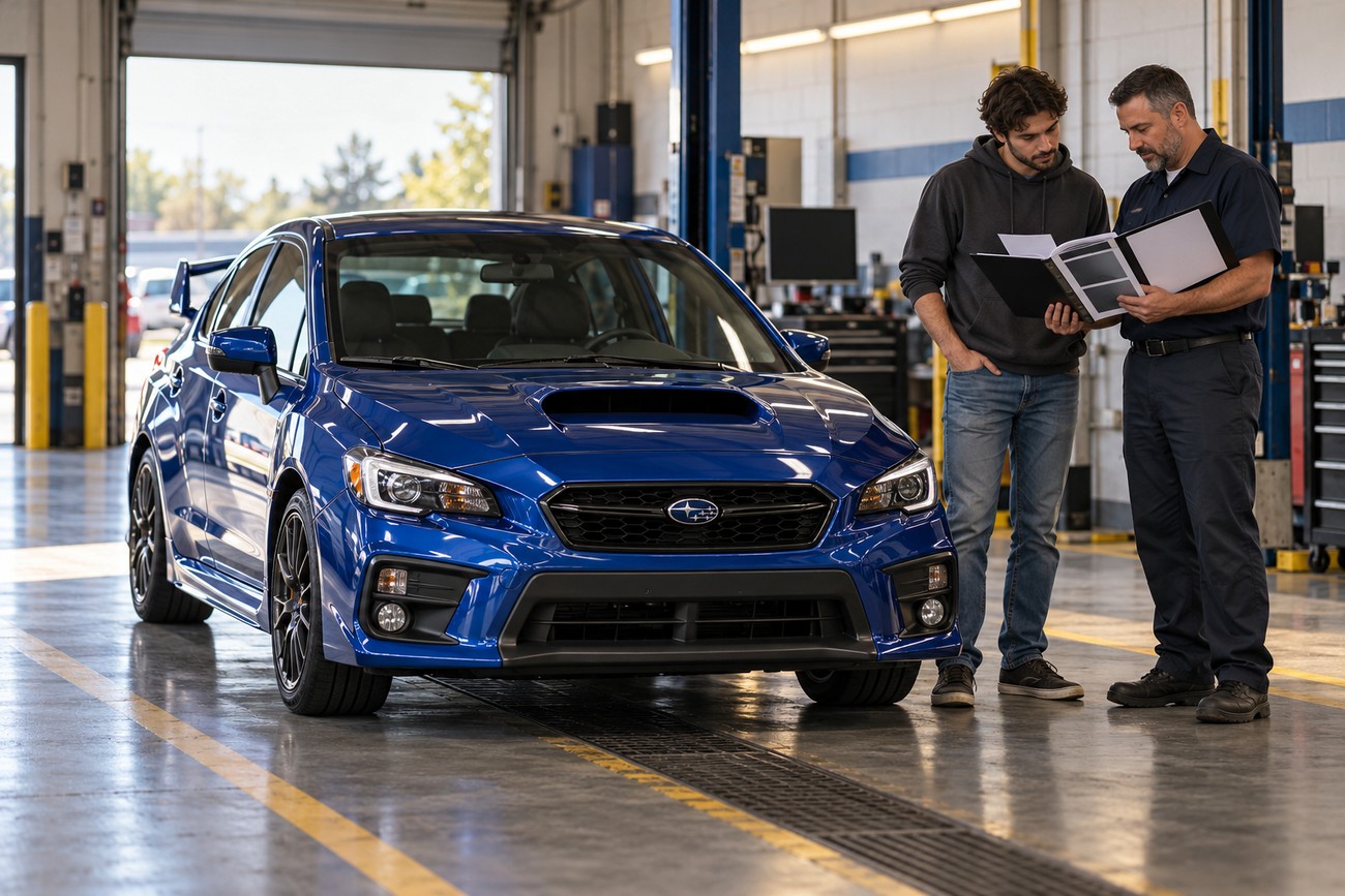 A mechanic and a customer reviewing paperwork together in an auto repair shop standing next to a blue Subaru WRX