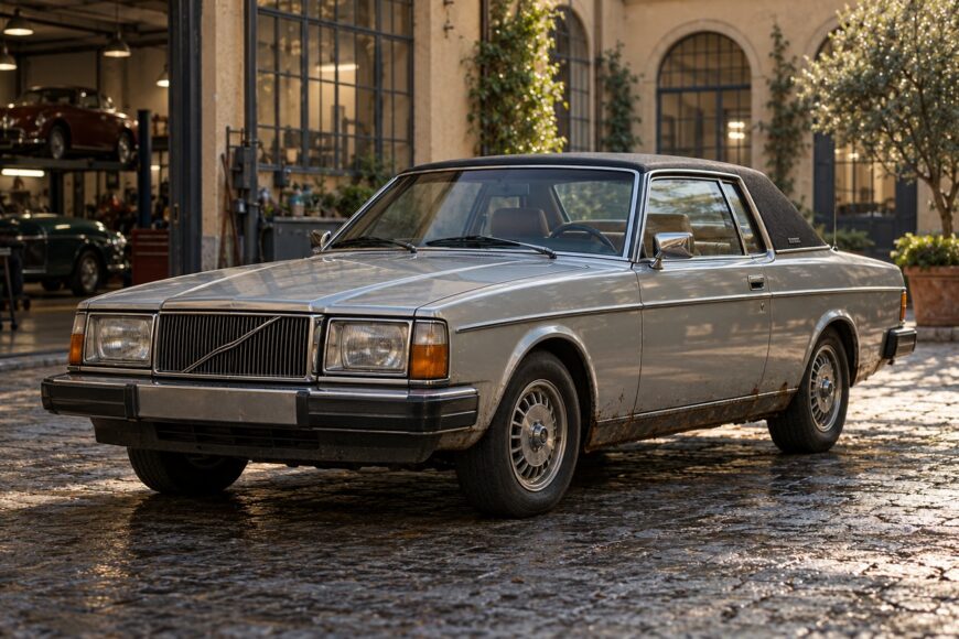Classic silver Volvo 262C Bertone Coupe with a vinyl roof parked on a cobblestone courtyard