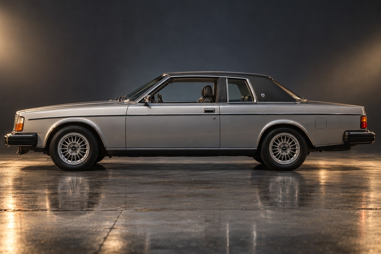 Side profile of a classic silver Volvo 262C Bertone Coupe with a vinyl roof parked on a reflective studio floor