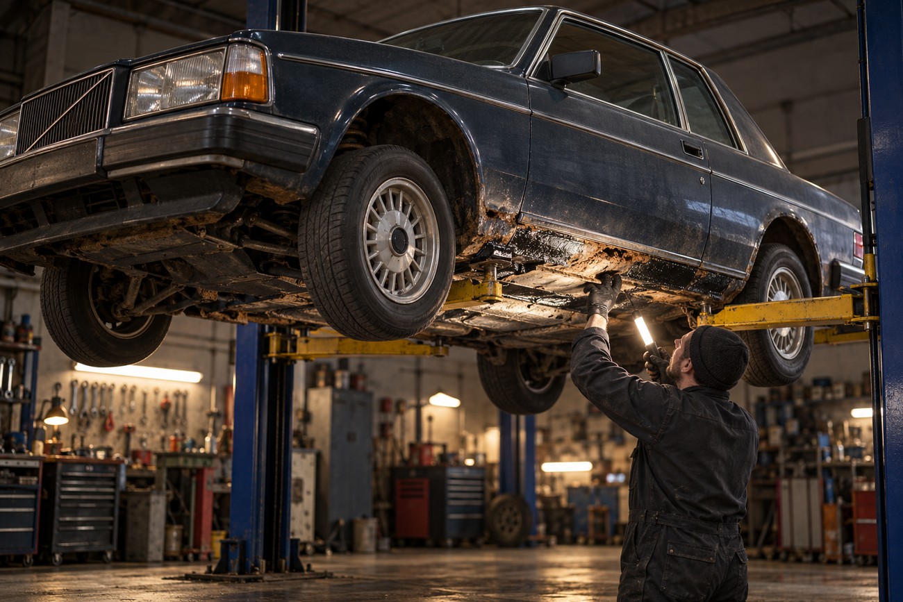 A mechanic in overalls inspects the rusty undercarriage of a classic Volvo 262C Bertone Coupe lifted on a hydraulic hoist in a workshop