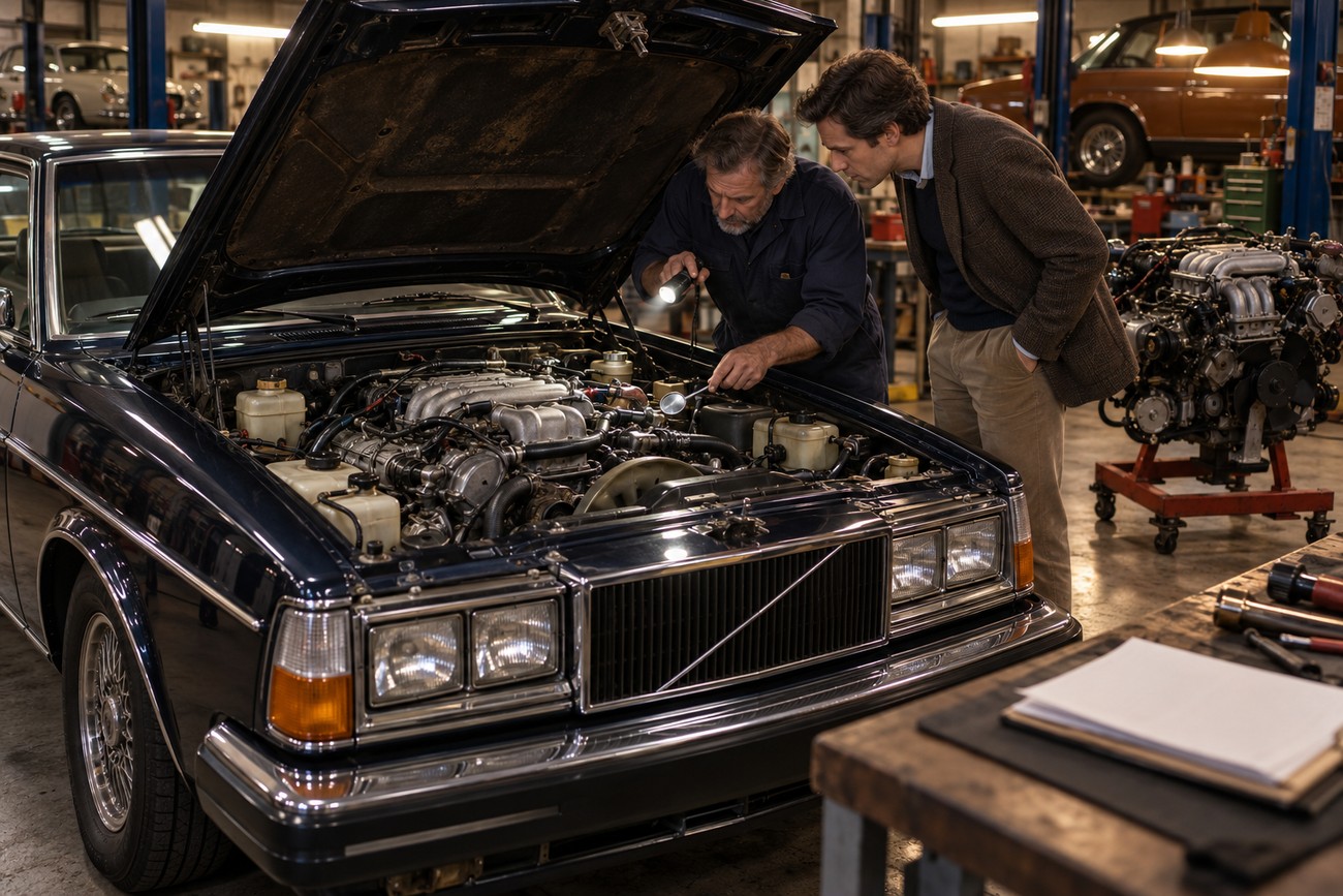 Two men inspecting the open engine bay of a classic dark blue Volvo 262C Bertone Coupe in a garage workshop