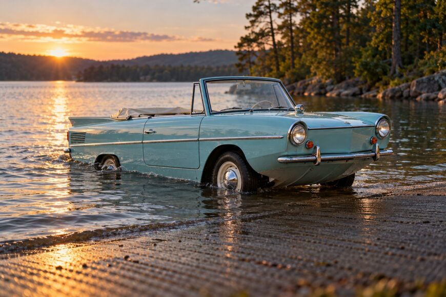 Light blue vintage Amphicar 770 amphibious car driving into calm lake water from a concrete boat ramp at sunset