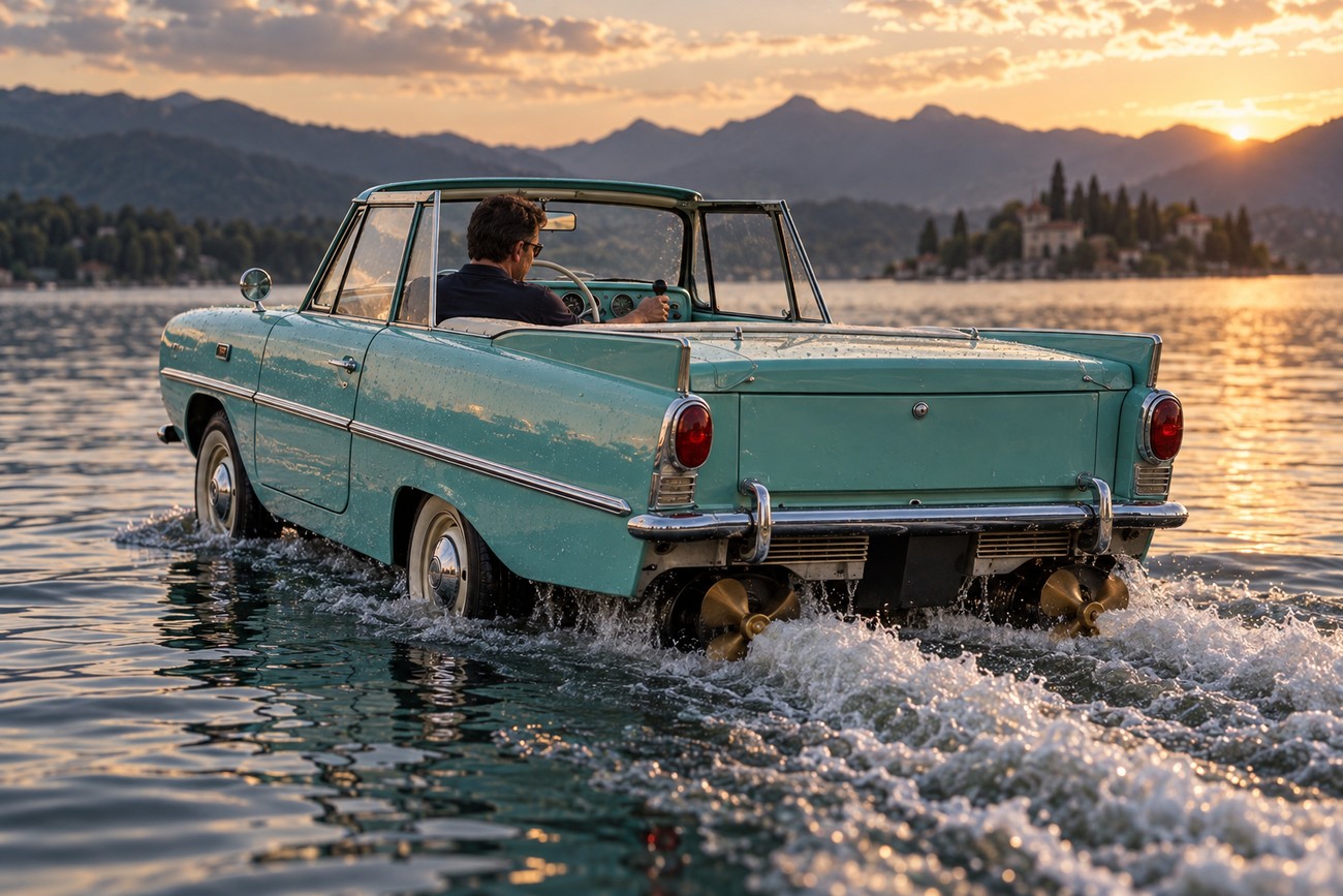 Teal Amphicar 770 amphibious car driving in a calm lake at sunset with visible propellers creating wakes at the rear