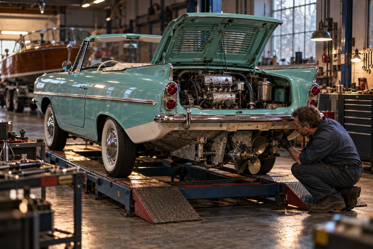 A mechanic kneeling by a turquoise Amphicar 770 on a hydraulic lift to inspect its rear propellers and engine