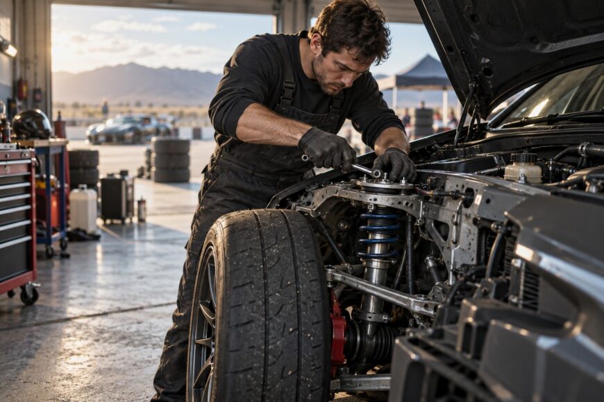 Mechanic adjusting the suspension and camber plates under the hood of a race car in a garage