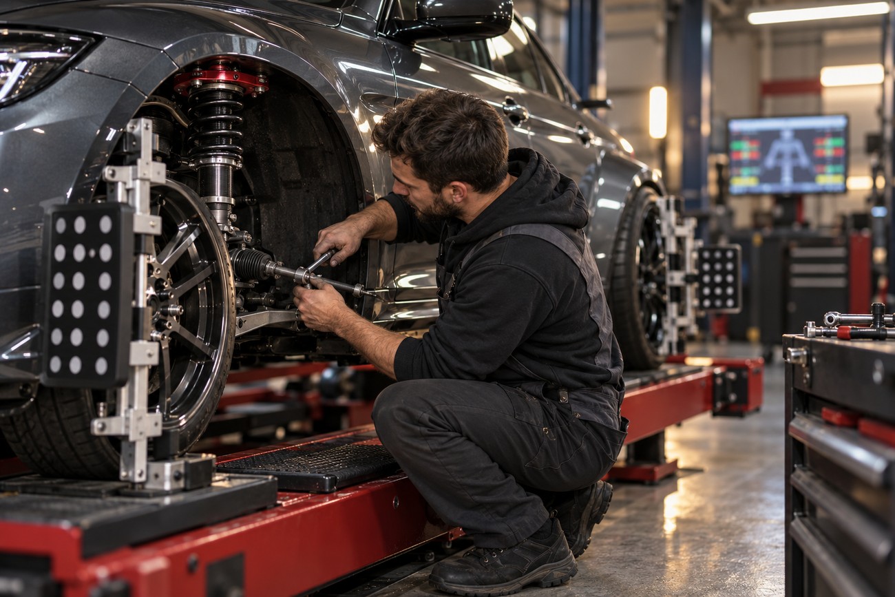 Mechanic adjusting the suspension and steering components of a gray car on a professional alignment rack in a workshop