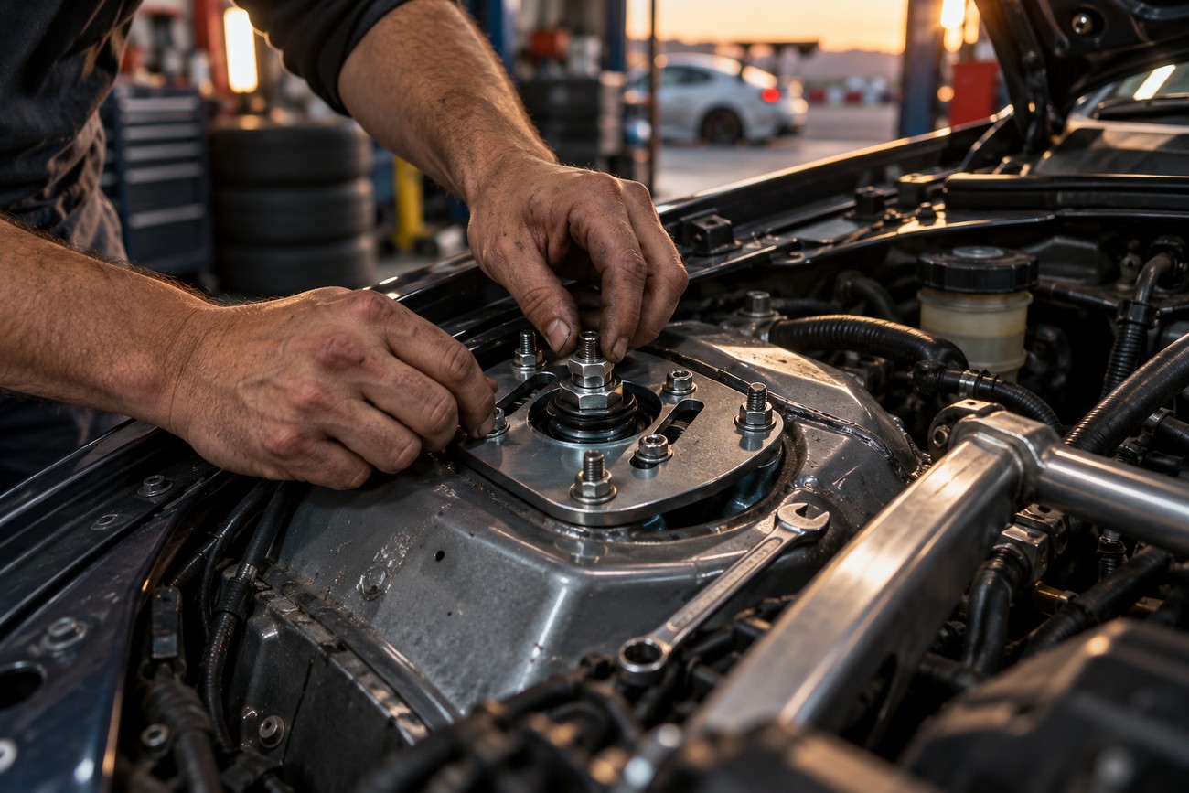 Mechanic adjusting the bolts on a suspension camber plate inside a car engine bay