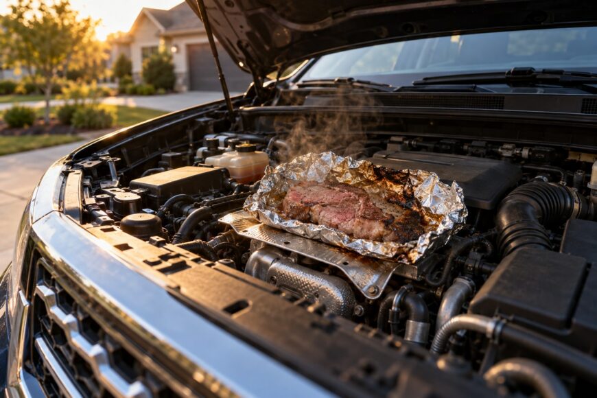 Steak wrapped in aluminum foil cooking on a hot Ford Explorer engine with visible steam