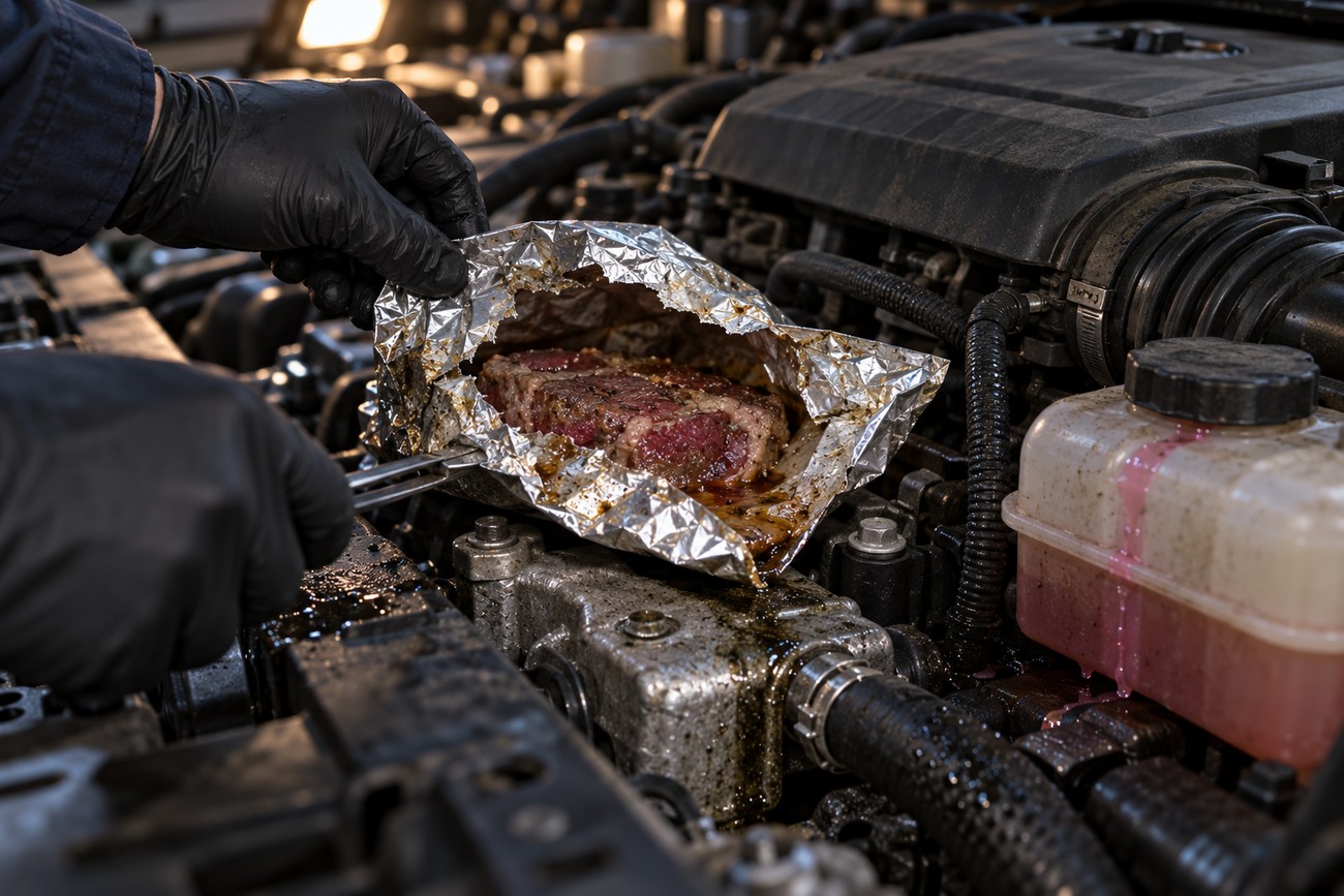 A person in black gloves checks a raw steak wrapped in aluminum foil on a Ford Explorer engine