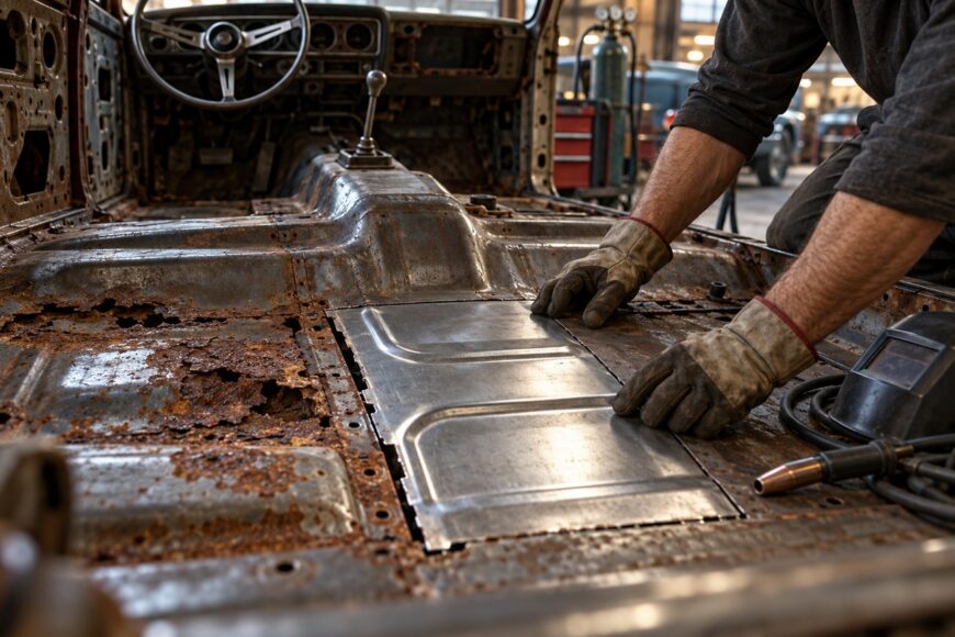 Mechanic wearing protective gloves fitting a new metal patch panel into the rusted floor pan of a classic car interior