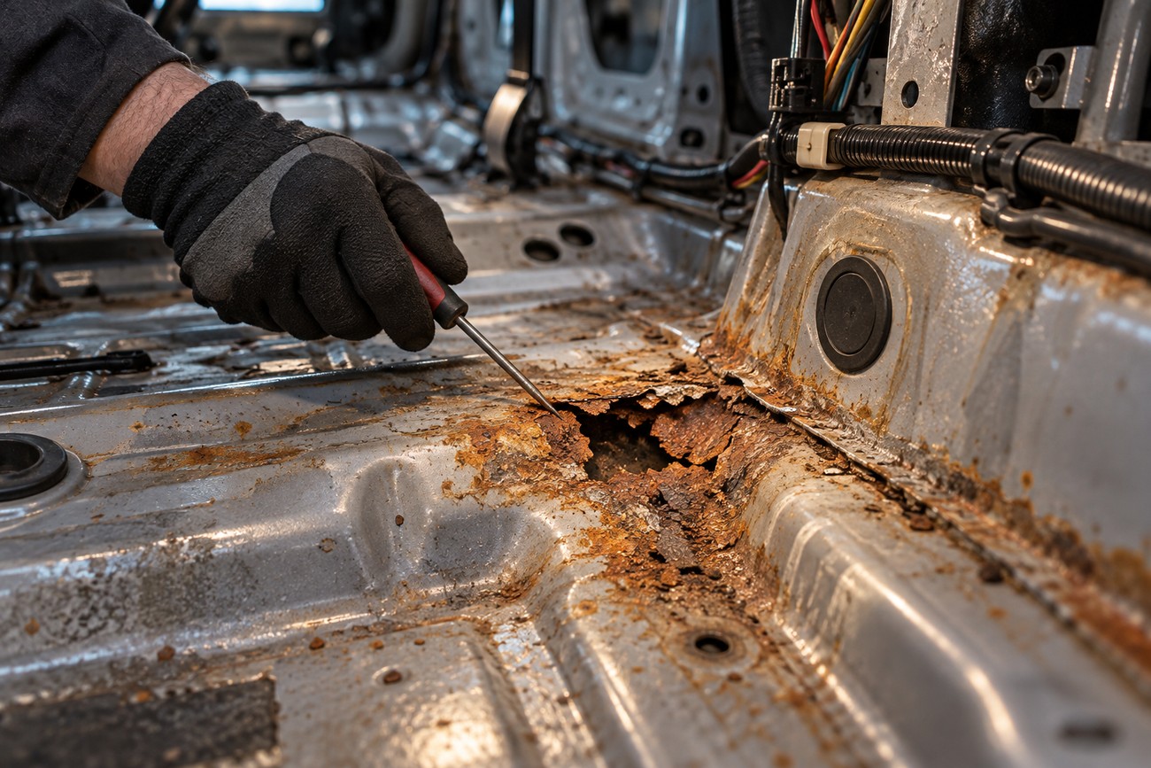 A mechanic in a work glove inspects a severe rust hole in a car floor pan