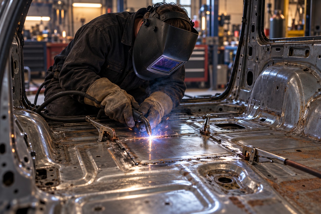 A mechanic wearing a protective mask uses a welding torch to secure a metal patch into a car floor pan inside a workshop