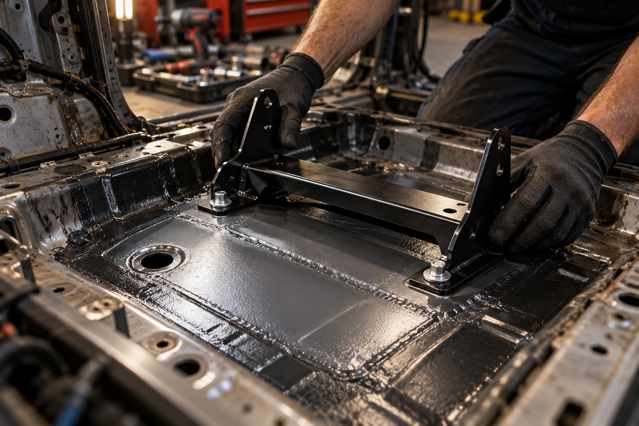 Mechanic wearing gloves fitting a metal bracket onto a newly patched and painted car floor pan