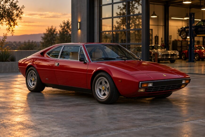 Classic red Ferrari 308 GT4 parked on a concrete apron in front of a modern garage at sunset