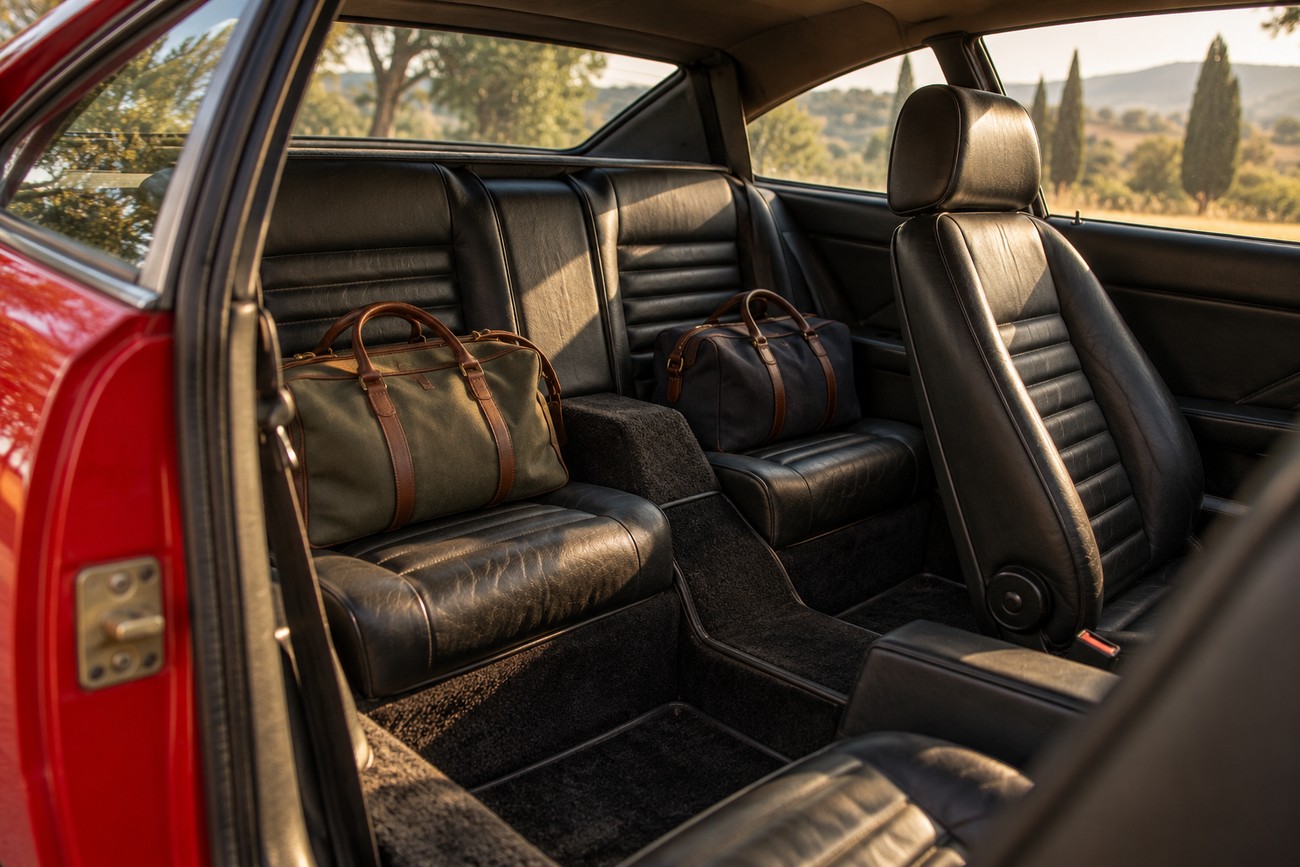 Interior view of a classic Ferrari 308 GT4 showing black leather seats and vintage travel bags