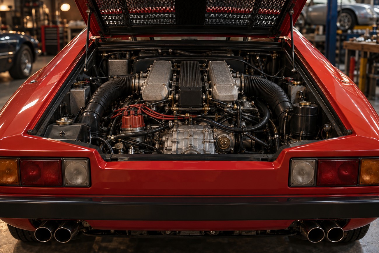 Rear view of a red Ferrari 308 GT4 with its engine cover open exposing the V8 engine in a garage
